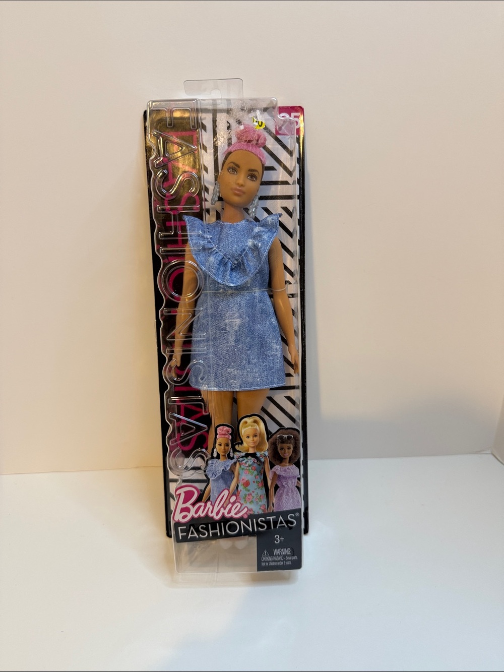 NIB Barbie Fashionistas #95 Pink Hair Denim Ruffle Dress Doll Mattel Diversity